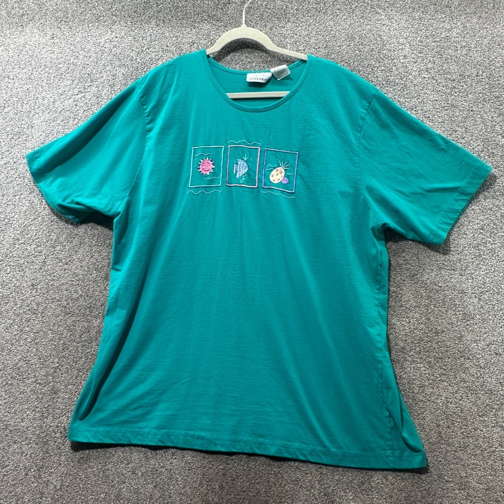 VTG 90s Bonnie Blain Embroidered Tropical Sun Fish T-Shirt Women 3X Beach Summer